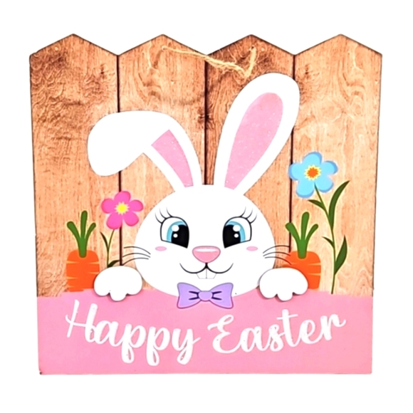Hand Crafted Handmade Easter Wall decor Happy Easter Bunny design white glitter - Picture 1 of 16